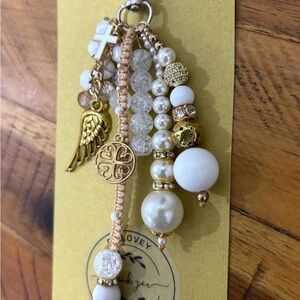 Gold and White Beaded Charm keychain - handmade/EAlovey